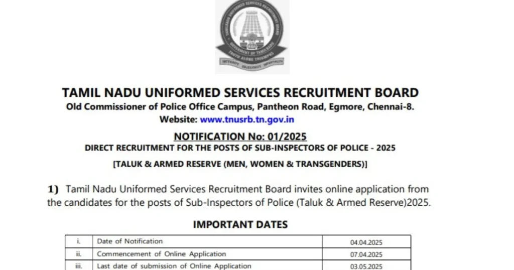 TNUSRB SI Recruitment 2025: Apply for 1299 Sub Inspector Posts TNUSRB SI Recruitment 2025: Apply for 1299 Sub Inspector Posts